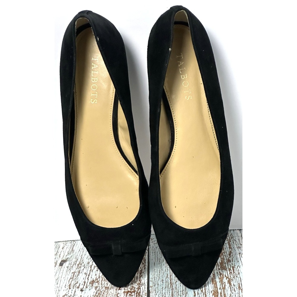 Talbots Edison Cap Toe Flats 9.5 M Black Suede Leather Bow Pointed Toe Shoes - Picture 15 of 16